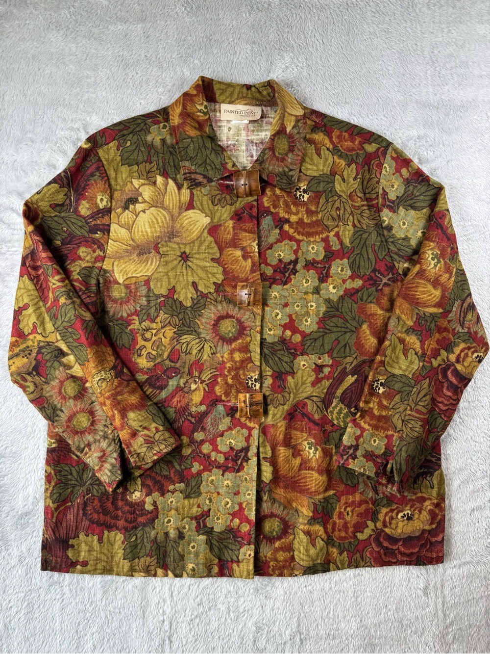 Painted Pony USA Linen Floral Bird Jacket XL Cottagecore Boho